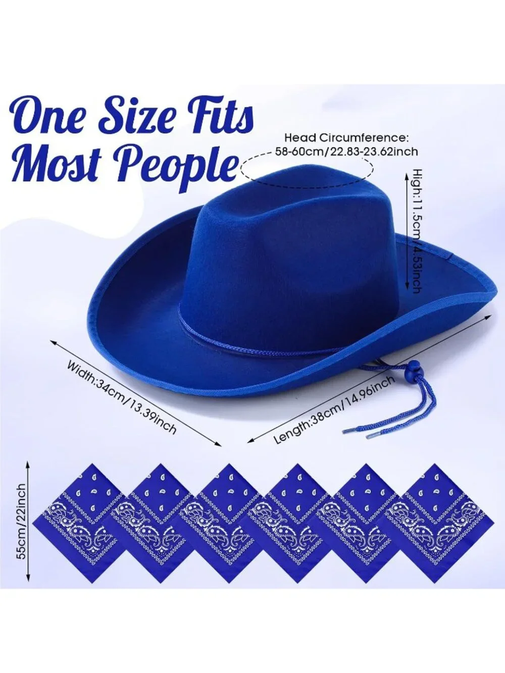 Men's Royal Blue Bandanas Bulk Adjustable Felt Western Cowboy Cowgirl Hat 12 Pcs